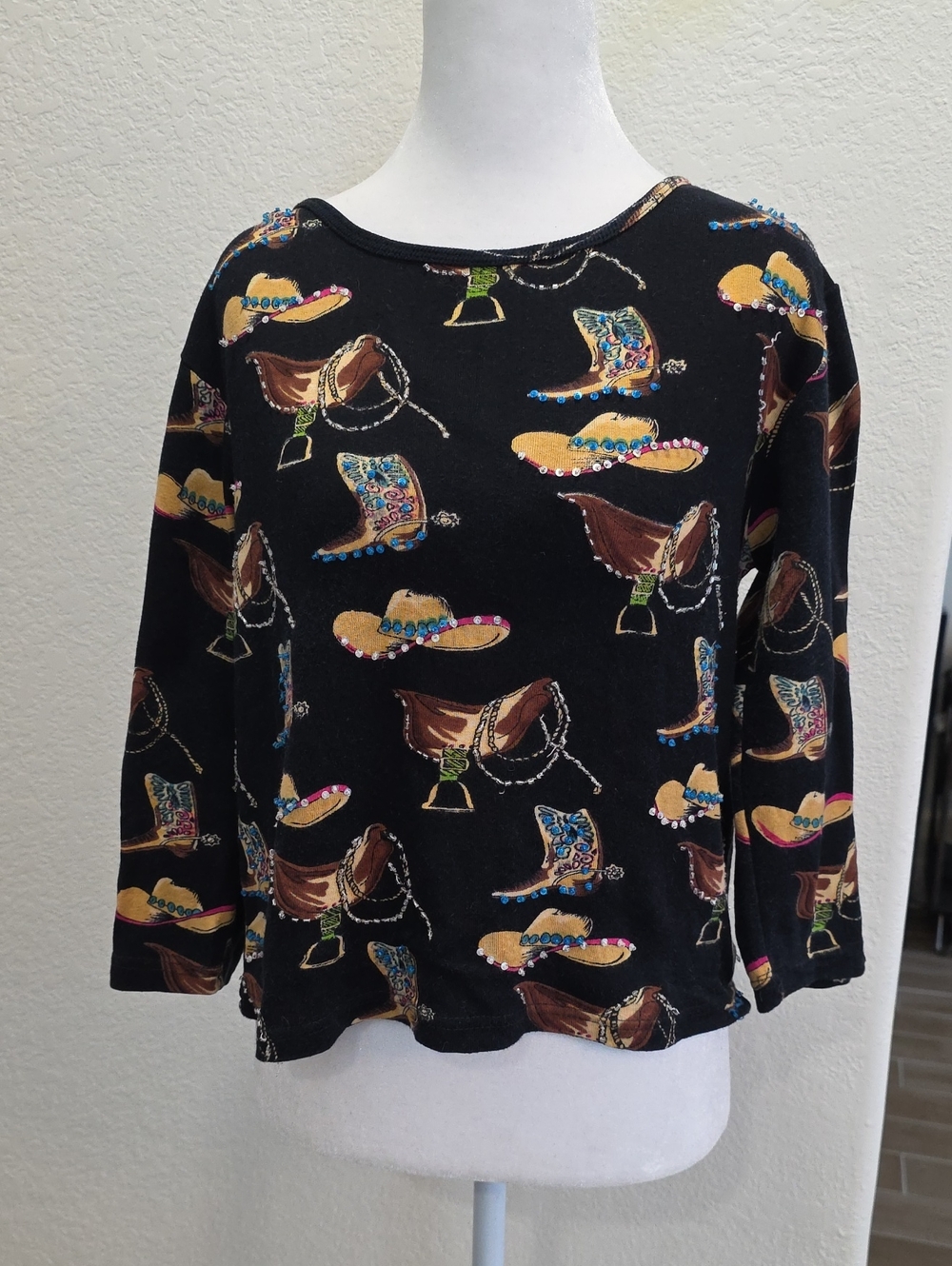 Take Two Black Long-Sleeve Tee with Western Hat & Boot Print